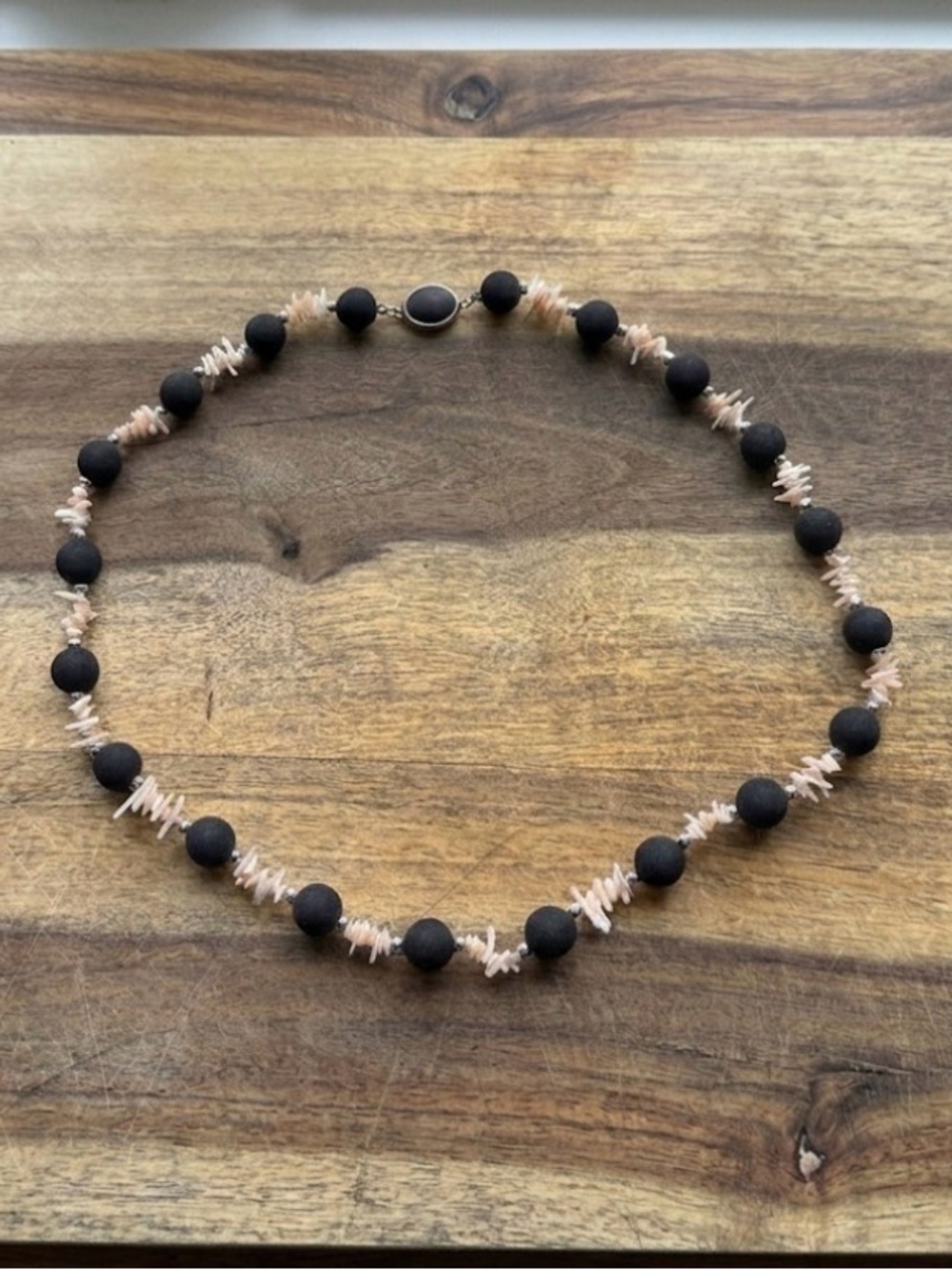 Light pink stone shell & lava rock round bead Necklace 18in Hook Clasp